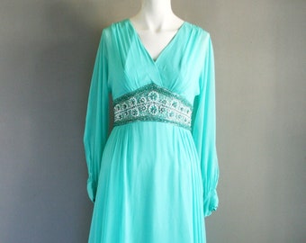 1970s Silk Chiffon Gown- Aqua Blue Maxi- Hostess Dress- Size Medium 6/8