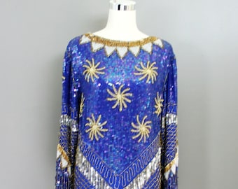 1980s Royal Blue Beaded Cocktail Dress- Size 8/10