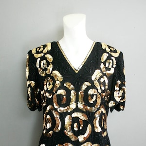 1980s Black and Gold Sequin Top by Stenay- Rose Pattern- Size Medium