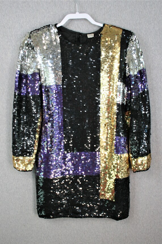 1980-90s - Sequined Cocktail Dress - Mini - Color… - image 4