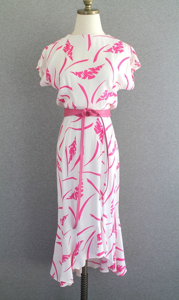 1990s - Silk  - Hot Pink - Palm Leaf - Party Dress