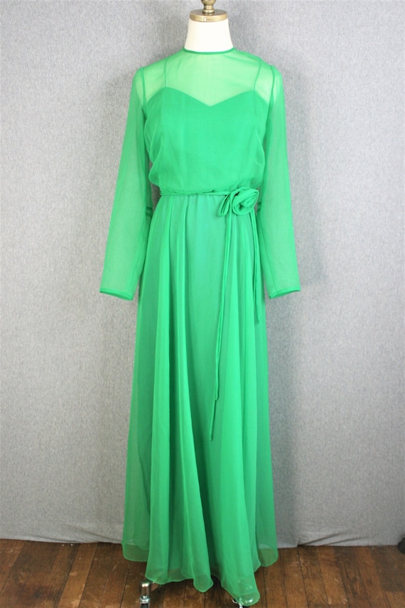 1970s - Green Chiffon - Party Gown - Cocktail Dre… - image 1