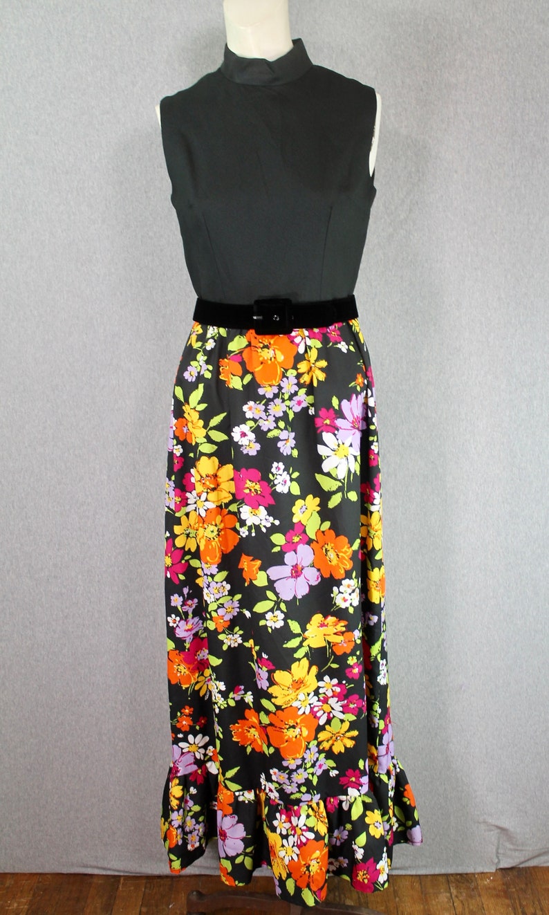 1970s Black Floral Hostess Dress, Mockneck, Maxi, Summer Size XS/S image 1