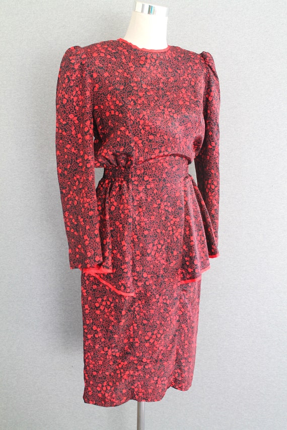 1980s - Red/Black - Floral - Peplum - Elastic Wais