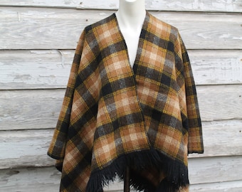 1960s, 1970s - Retro Plaid Fringe Poncho - Mid Century Modern - Wool