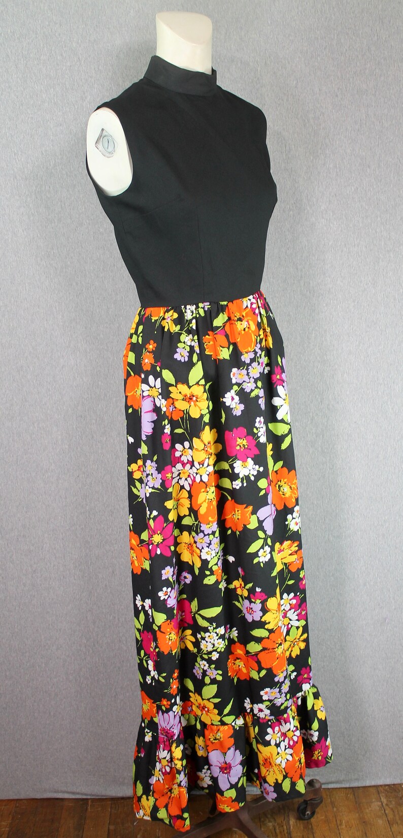 1970s Black Floral Hostess Dress, Mockneck, Maxi, Summer Size XS/S image 4