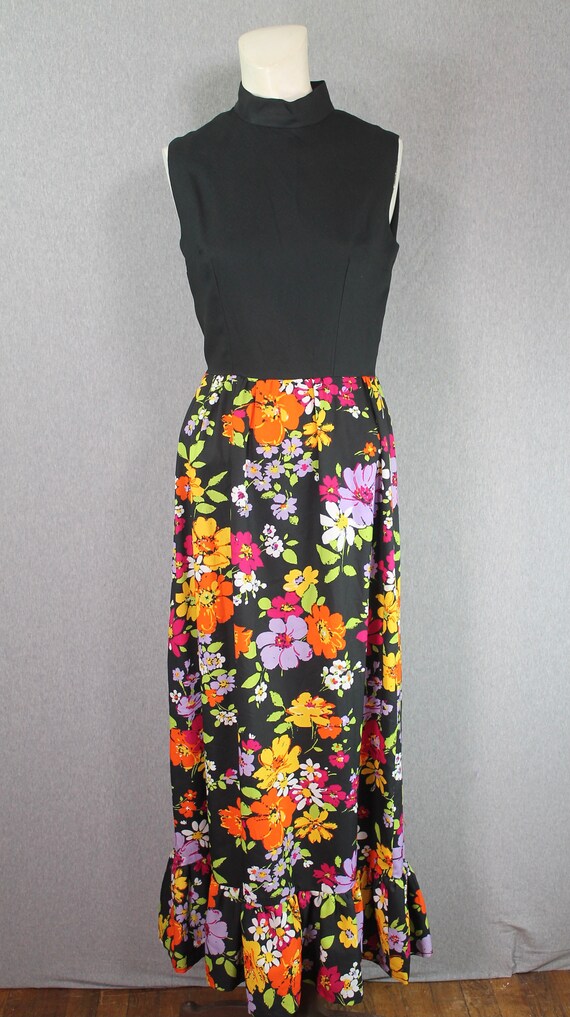 1970s Black Floral Hostess Dress, Mockneck, Maxi, Sum… - Gem