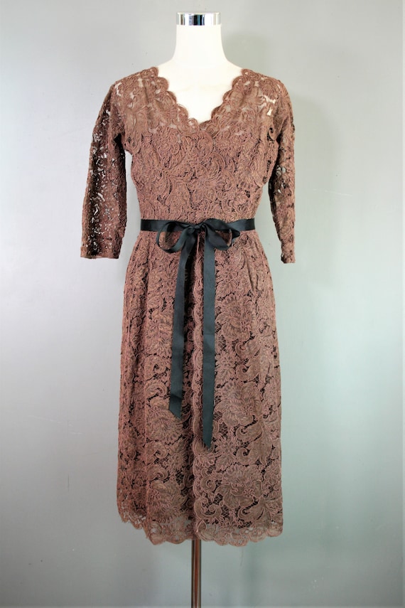 Guilty of a Good Time - Chocolate Brown Lace - Circa 1950-60 - Wiggle Dress  - Bombshell - by Sophie of Saks Fifth Avenue - Estimated Size M - Etsy