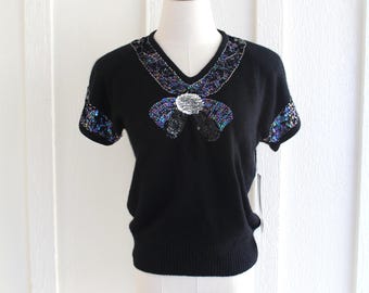 Suéter negro - Lazo - Angora/Seda - Lentejuelas - DeRotchild - Talla marcada M