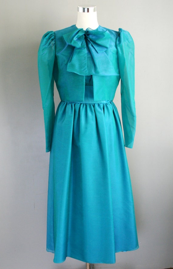 1980s Teal Bianchi Cocktail Dress- Formal Organza 