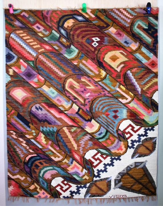 1970s 80s Tapestry Wall Hanging tiles Signed by Edwin Sulca