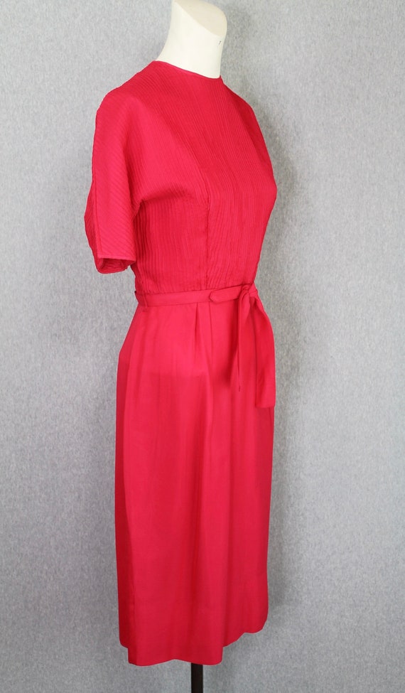 1950s Red Silk Chiffon Shirtwaist Dress- Hot Coral