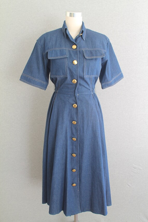 denim dress gold buttons Adrian Dark Denim Gold Button Dress