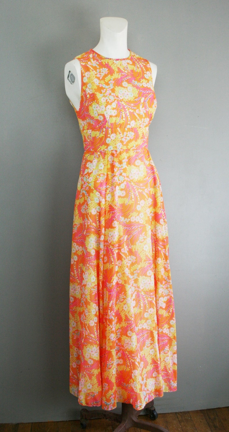 Orange Hot Pink Turquoise 1970's Chiffon Party Dress Estimated size 4-6 image 1