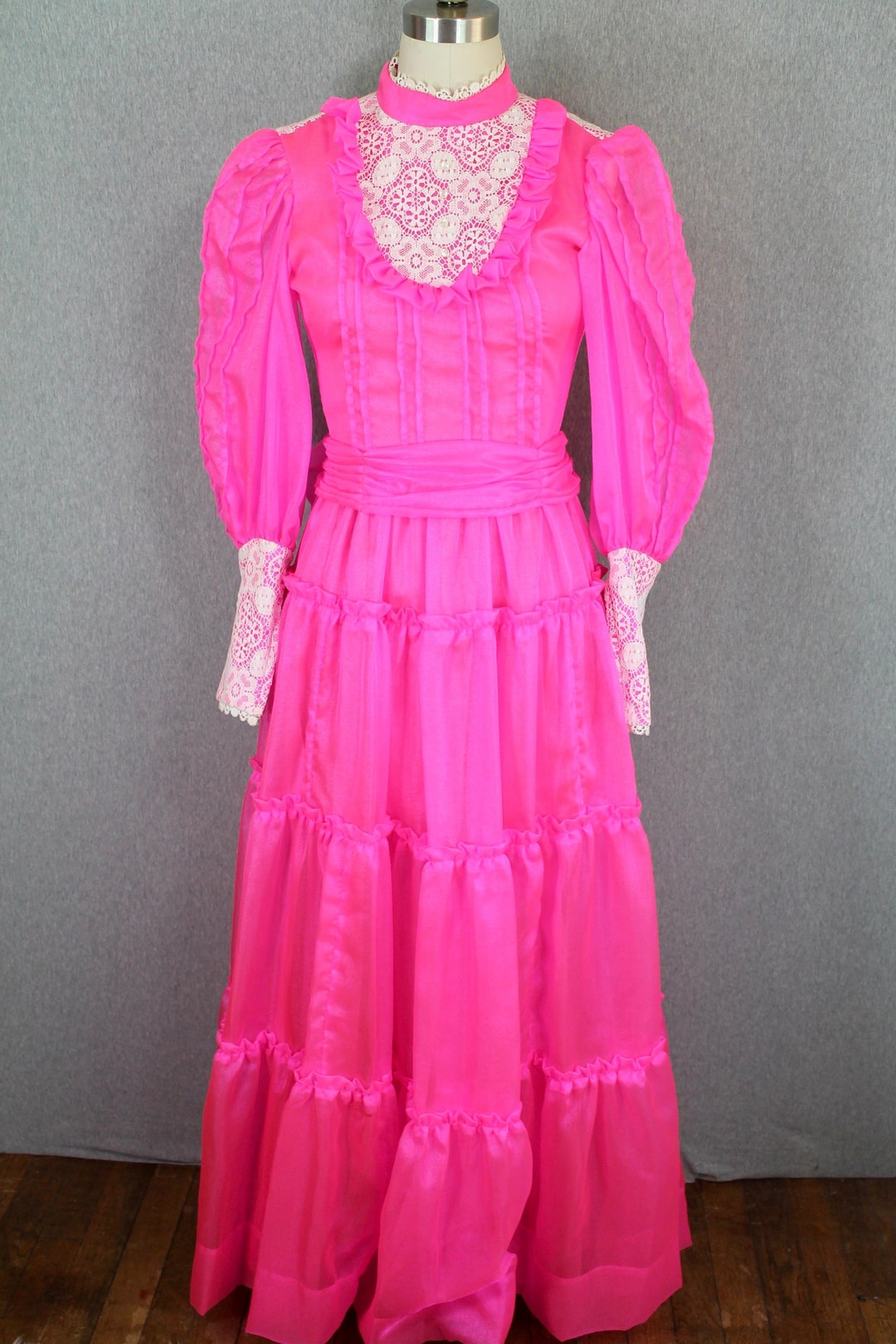 1960s-70s Neon Pink Prairie Dress - Gunne Sax Style - Bright Pink Maxi ...