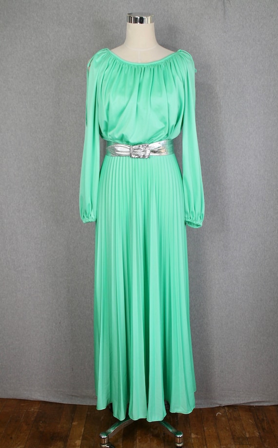 1970s - Mint Green Maxi Dress - Peekaboo Sleeve - 