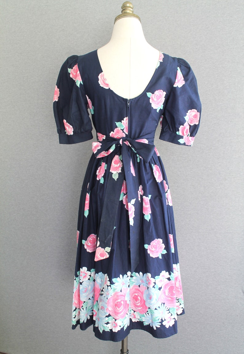 1980s Puff Sleeve Tea Dress Cotton Navy Blue /Floral by Eber image 3