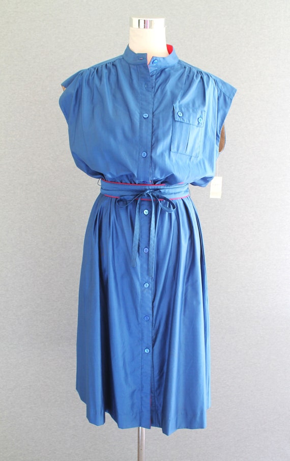 1970s - Blue - Polished Cotton - Shirtwaist Dress 