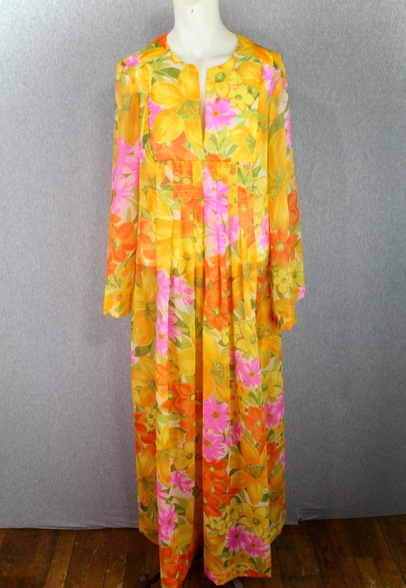 1960s-70s Kaftan, Mod, Yellow Floral Maxi by Saybu
