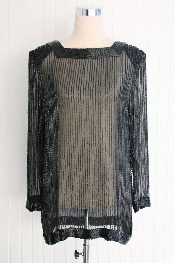 Black Beaded - Square Neck - Sheer Silk - Tunic - 