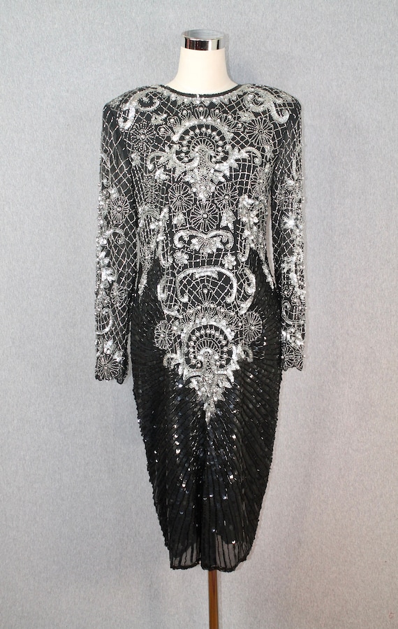 1980s Lillie Rubin Silver Beaded Cocktail Dress - 