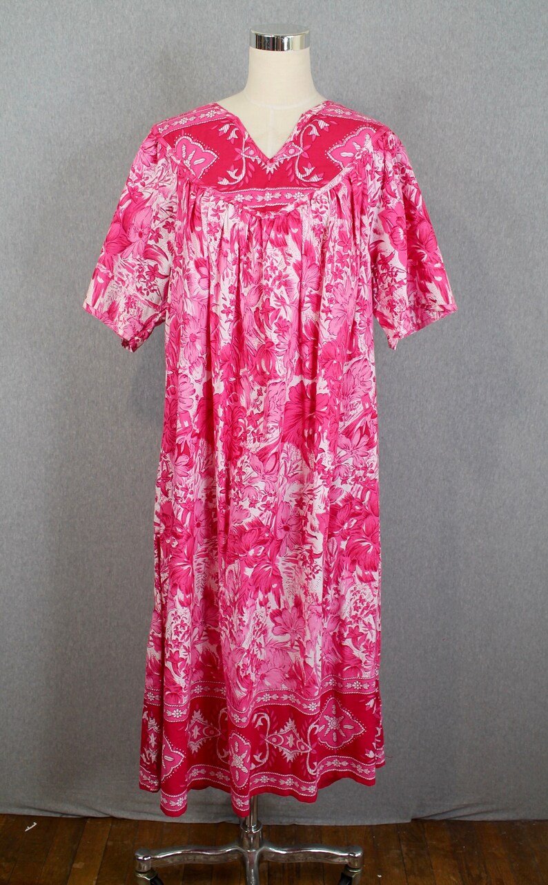 1970s 70s Hot Pink Muumuu by Loungees Beach Cover Up Floral Kaftan Resort Wear Palm Beach image 1