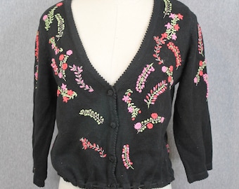 1990s Hand Embroidered Sweater - Black Floral Cardigan - 90s Cropped Sweater - Flower Embroidery - Size M