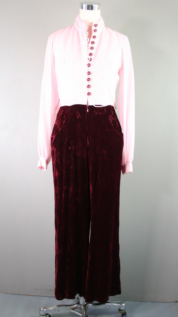 1960, 1970s Jumpsuit, Pink /Burgundy - Velvet Jump