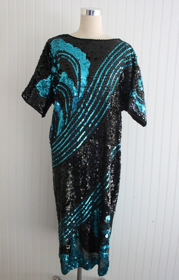 Black - Turquoise - Beaded and Sequined - Cocktail