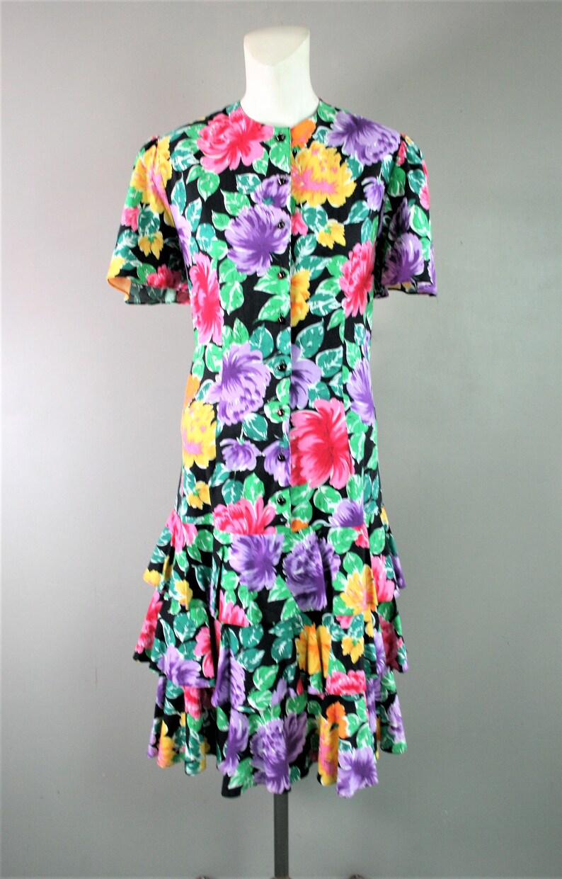 1980 Spring Chicken 1214 Floral Print Cotton Blend Tiered Ruffled Skirt Drop Waist