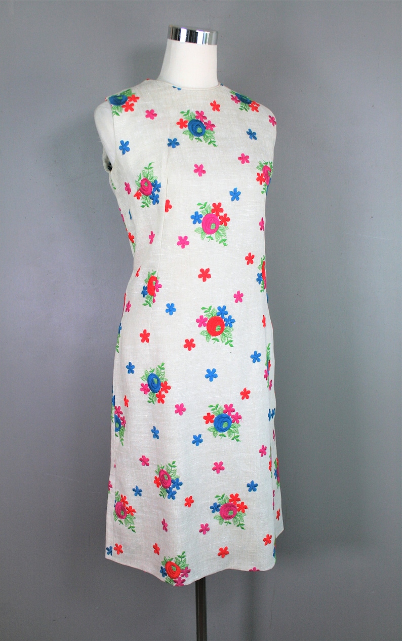 by Margaret Smith Marked size 12 Circa 1970s Embroidered Linen Sheath