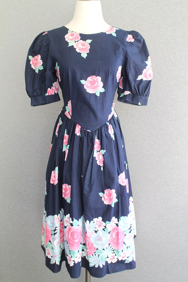 1980s Puff Sleeve Tea Dress Cotton Navy Blue /Floral by Eber image 1