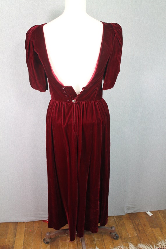 1980s Red Velvet Party Dress || Puff Sleeves || L… - image 4