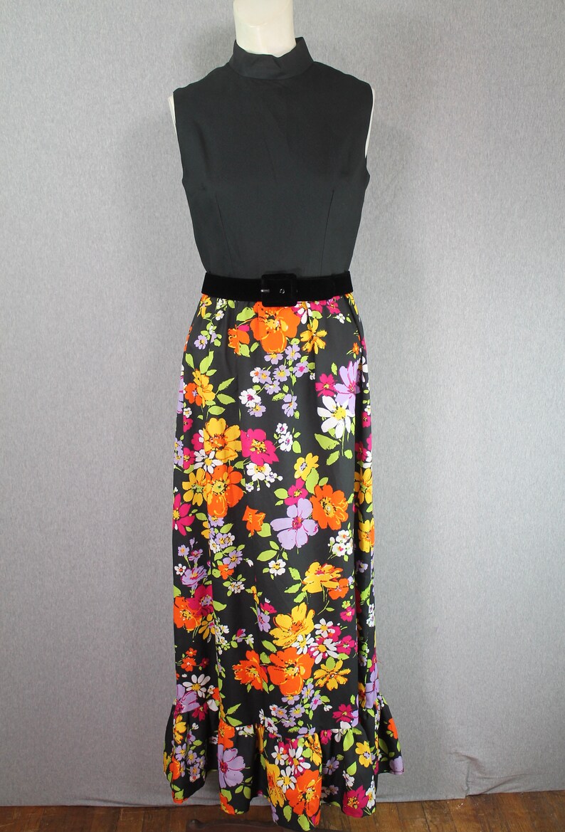 1970s Black Floral Hostess Dress, Mockneck, Maxi, Summer Size XS/S image 2