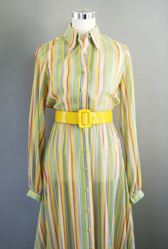 1970's - Yellow Striped Shirtwaist Maxi Dress- d'A