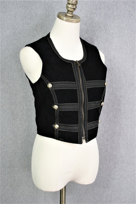 Black Leather Vest - Military Style - Zip Front - 