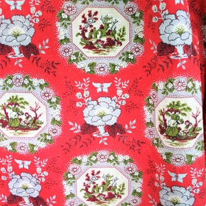True to Red - Antique toile - Algodão - Folk - Cena Francesa - Cortina - Tecido 1940-50