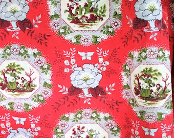 True to Red - Antique toile - Cotton - Folk - French Scene - Curtain Drape - Fabric 1940-50