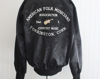 1980s - Satin Bomber Jacket - Am. Folk Musicians Assoc.  - by Holloway - Marked Medium