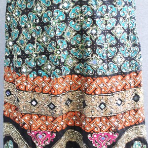 India Gold Block Print Beaded Mirrored Embroidered Lehenga Ghagra Folk Skirt Pearls Beads Metallic gold paint. image 3