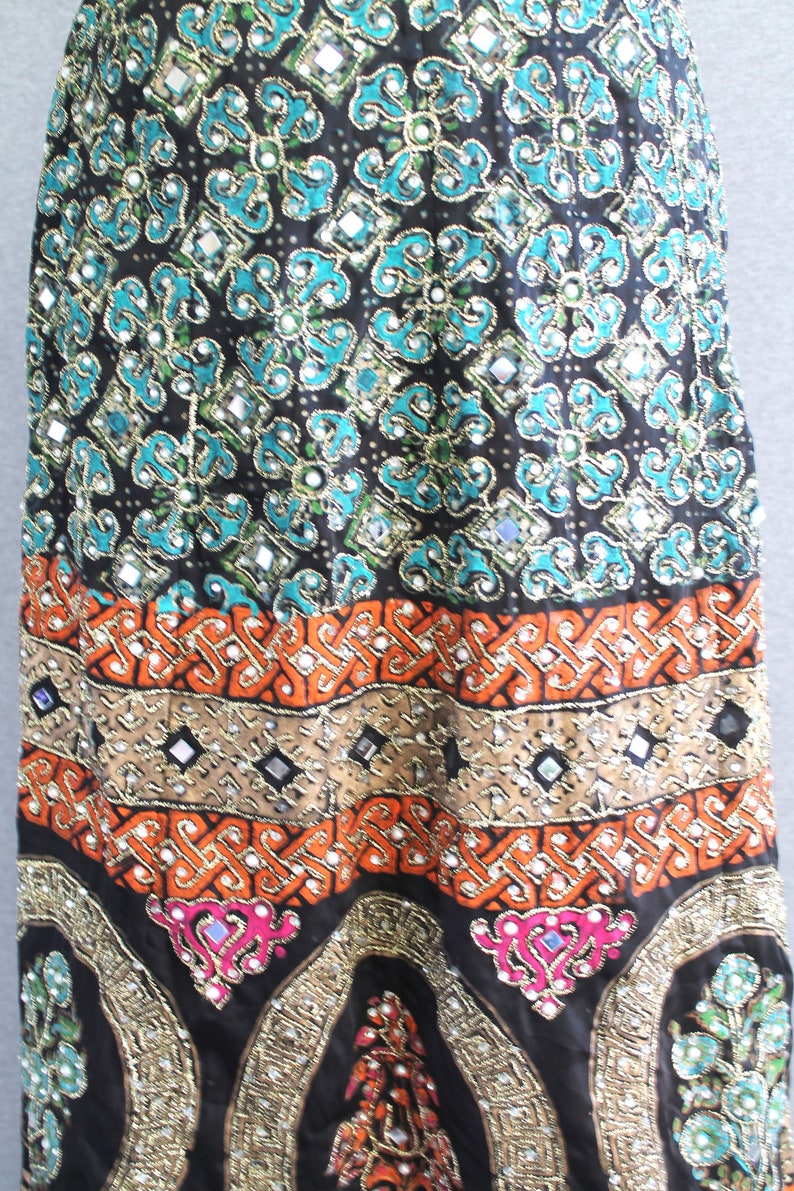 India Gold Block Print Beaded Mirrored Embroidered Lehenga Ghagra Folk Skirt Pearls Beads Metallic gold paint. image 3