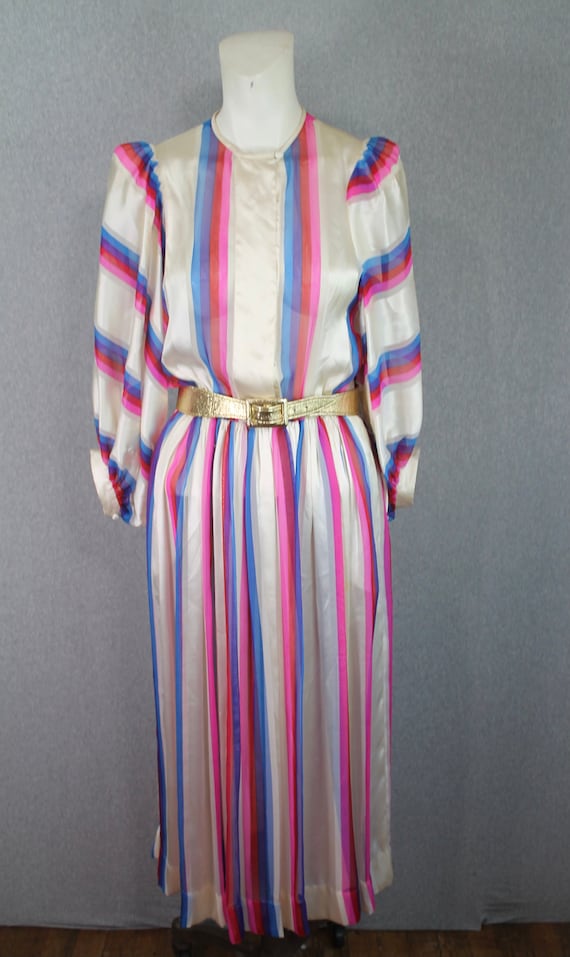 1980s Albert Nipon Silk Striped Shirtwaist Dress |