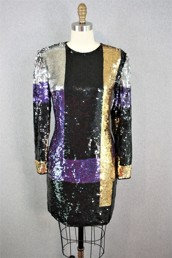 1980-90s - Sequined Cocktail Dress - Mini - Color… - image 1