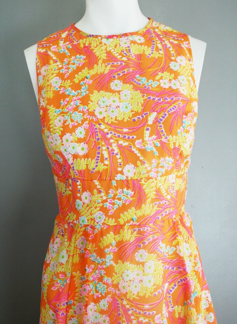 Orange Hot Pink Turquoise 1970's Chiffon Party Dress Estimated size 4-6 image 5