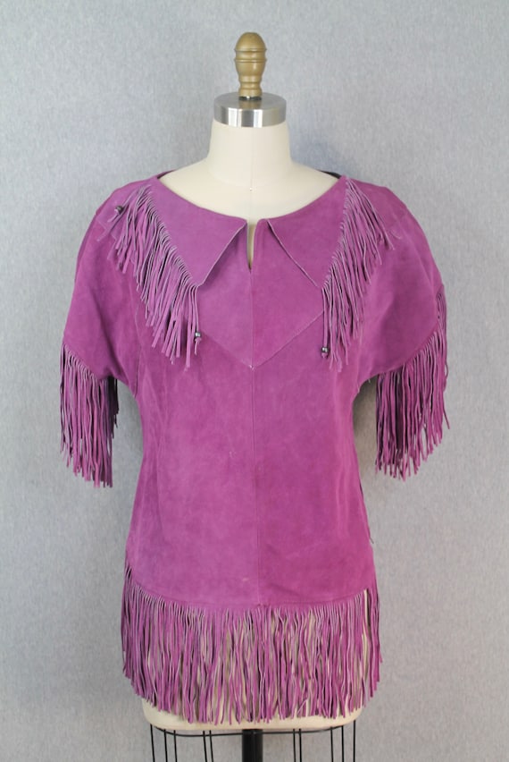 Vintage 1970s Pioneer Wear - Purple Suede Fringe Top - Leather Fringe Top - Vintage Western Wear