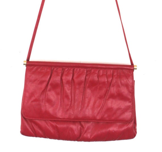 1980s Red Leather Crossbody with Gold Details- En… - image 1