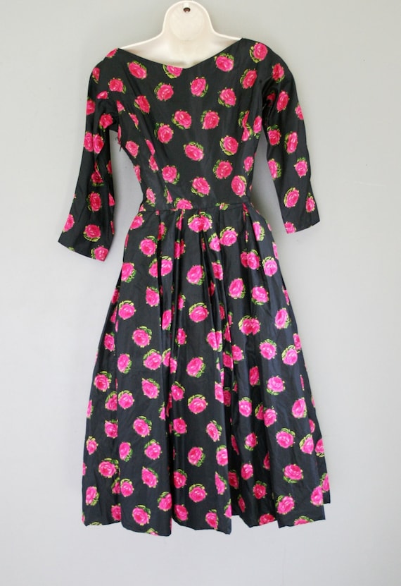 1940-50's -Silk Taffeta Rose Print Dress by Ben R… - image 2