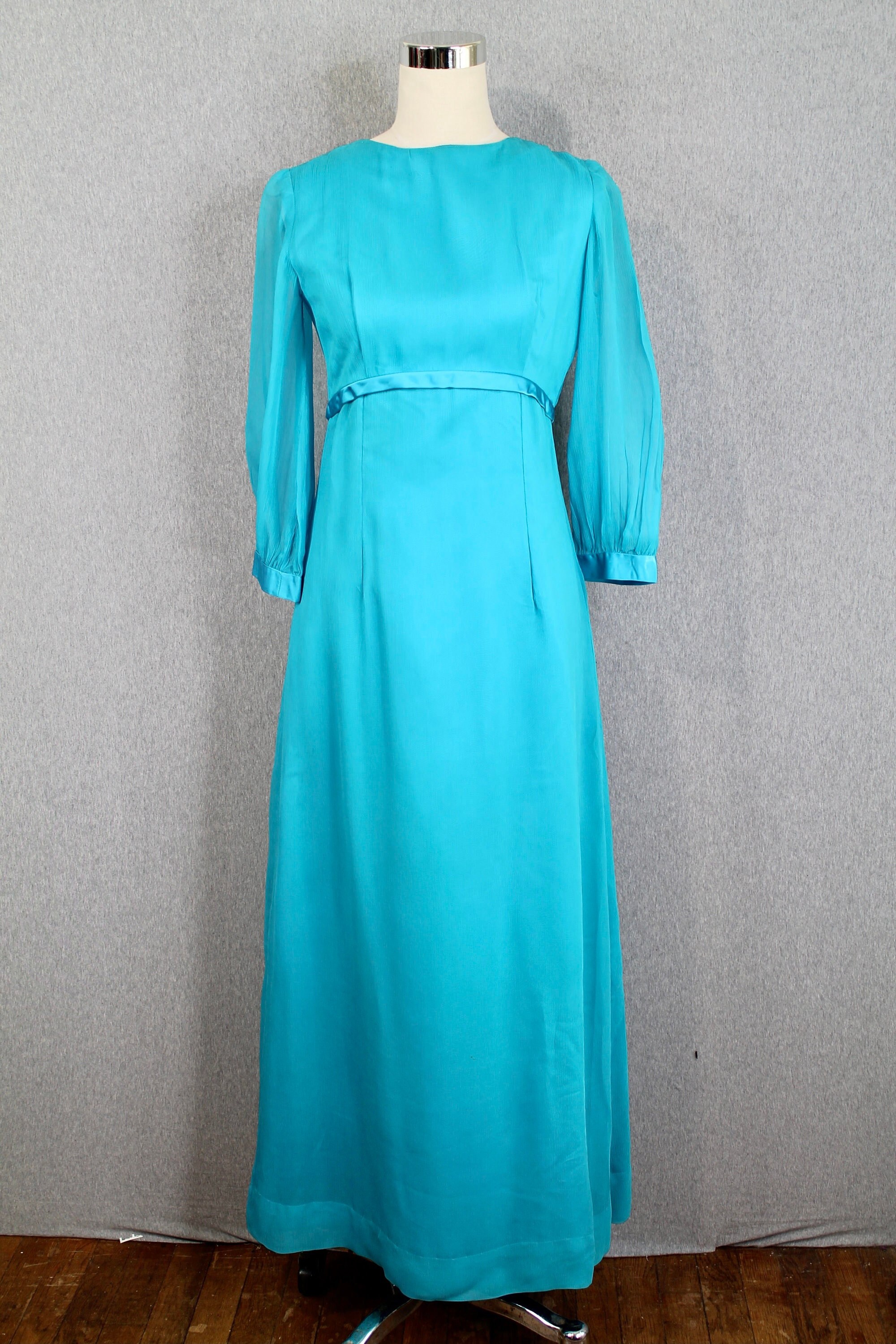 1950S, 1960S Chiffon Party Dress - Teal Blue Black Tie, Formal Hostess Gown Hollywood Regency Satin Bow