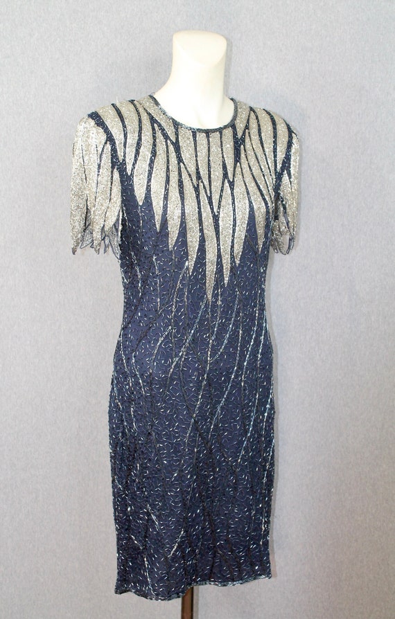 1980s SCALA Beaded Cocktail Dress - Silver Beaded 