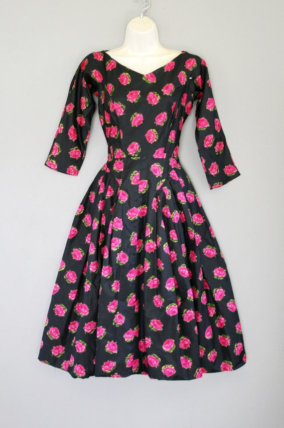 1940-50's -Silk Taffeta Rose Print Dress by Ben Re